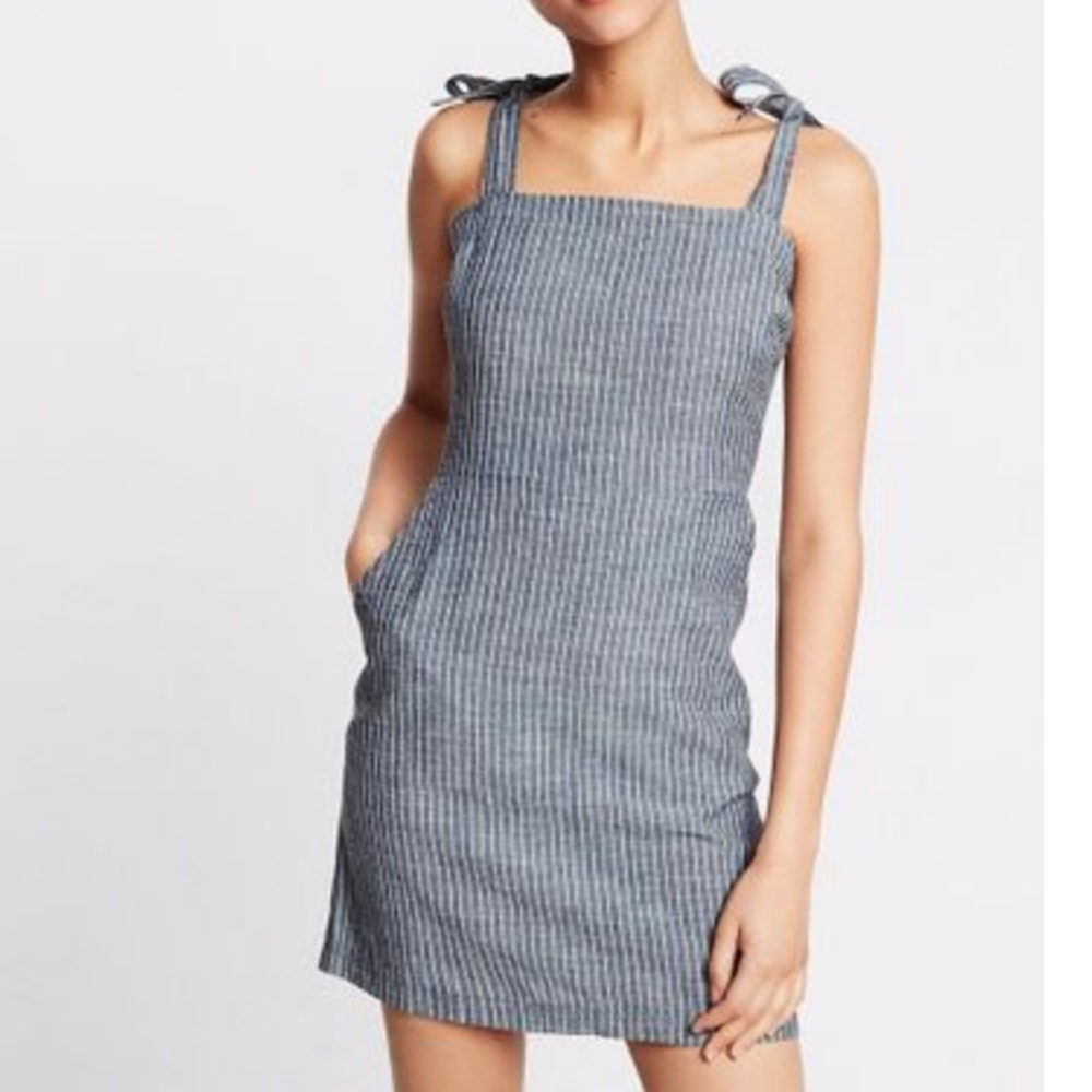 Women’s striped chambray tie shoulder dress.